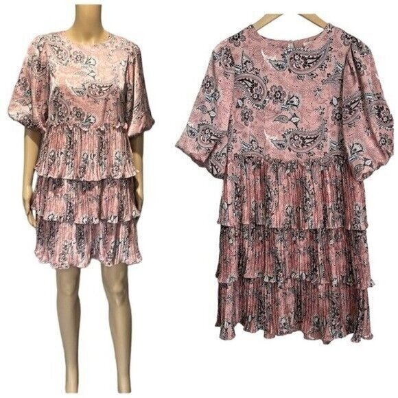Melloday Pink Paisley Ruffle Balloons Sleeve Dress Size Small - Picture 1 of 14
